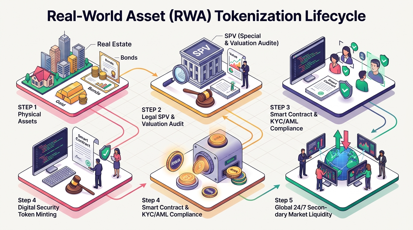 Infografis Siklus Alur Lengkap Tokenisasi Real World Asset (RWA)